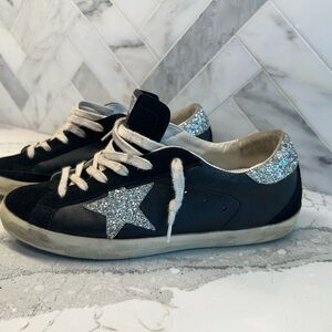 Golden Goose Black Low-Top Sneakers with Silver Glitter Star and Heel Tab